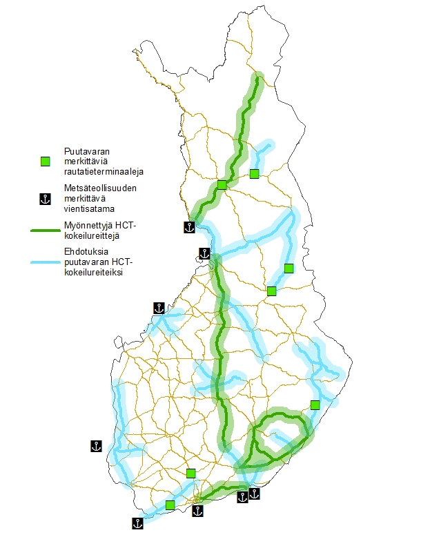 Suomen kartta, jossa kuljetuskytvehdotukset