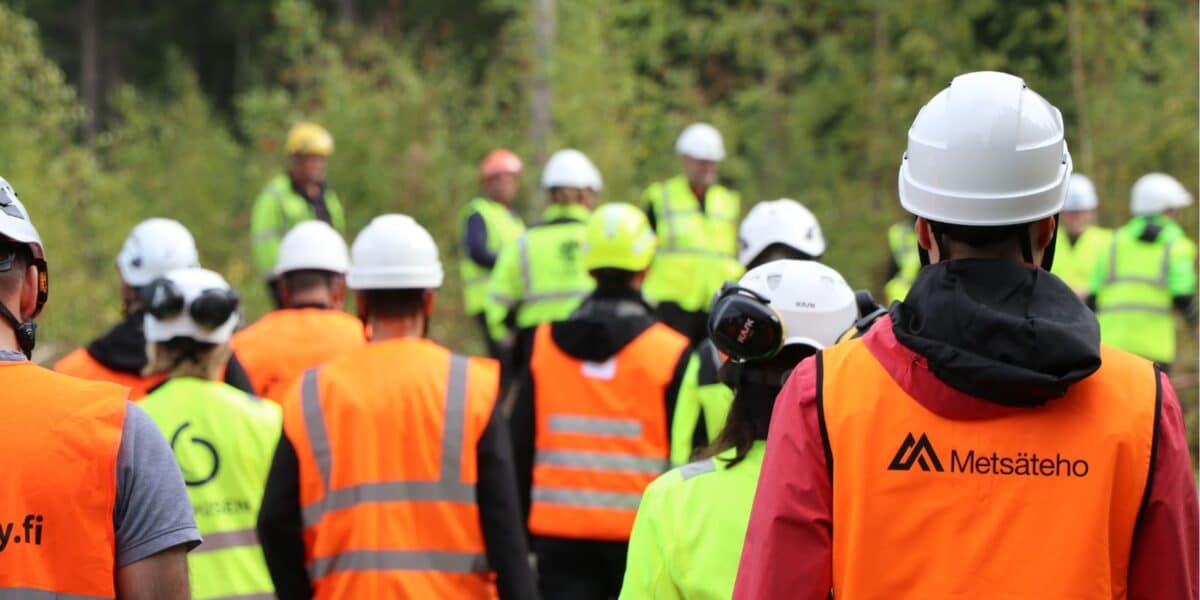 Heijastinliivipukuiset henkilöt metsätyömaalla