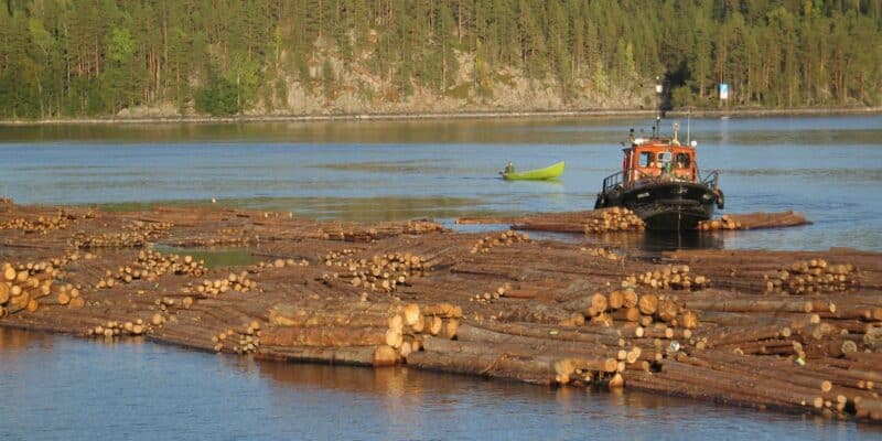 Uiton apualus ohjaa tukkilauttaa